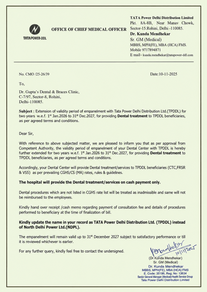 Tata Power Delhi Distribution TPDDL dental empanelment document for Dr. Gupta’s Dental and Braces Clinic serving patients in Paschim Vihar Delhi