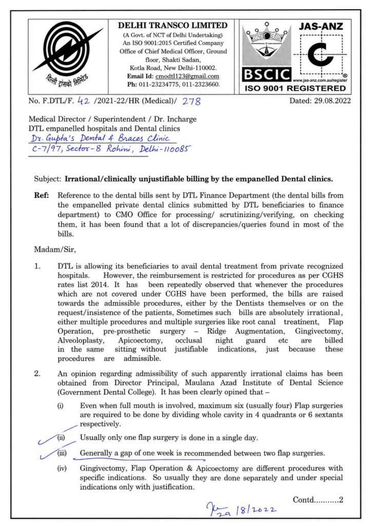 Delhi Transco Limited DTL dental empanelment document for Dr. Gupta’s Dental and Braces Clinic serving patients in Paschim Vihar Delhi