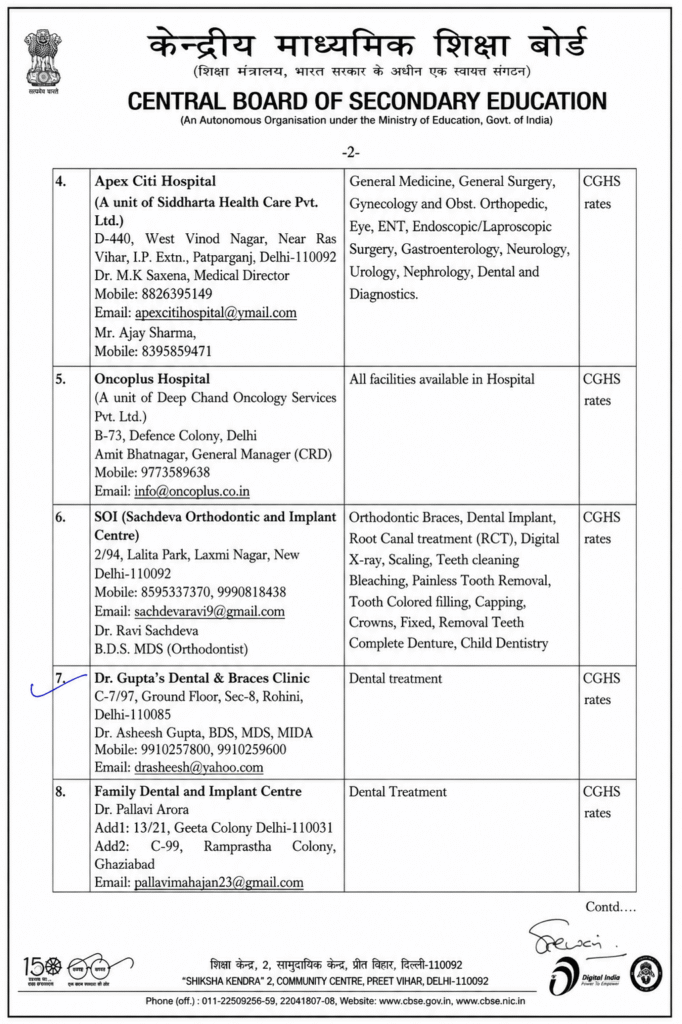 Central Board of Secondary Education CBSE dental empanelment document for Dr. Gupta’s Dental and Braces Clinic serving patients in Rohini Delhi