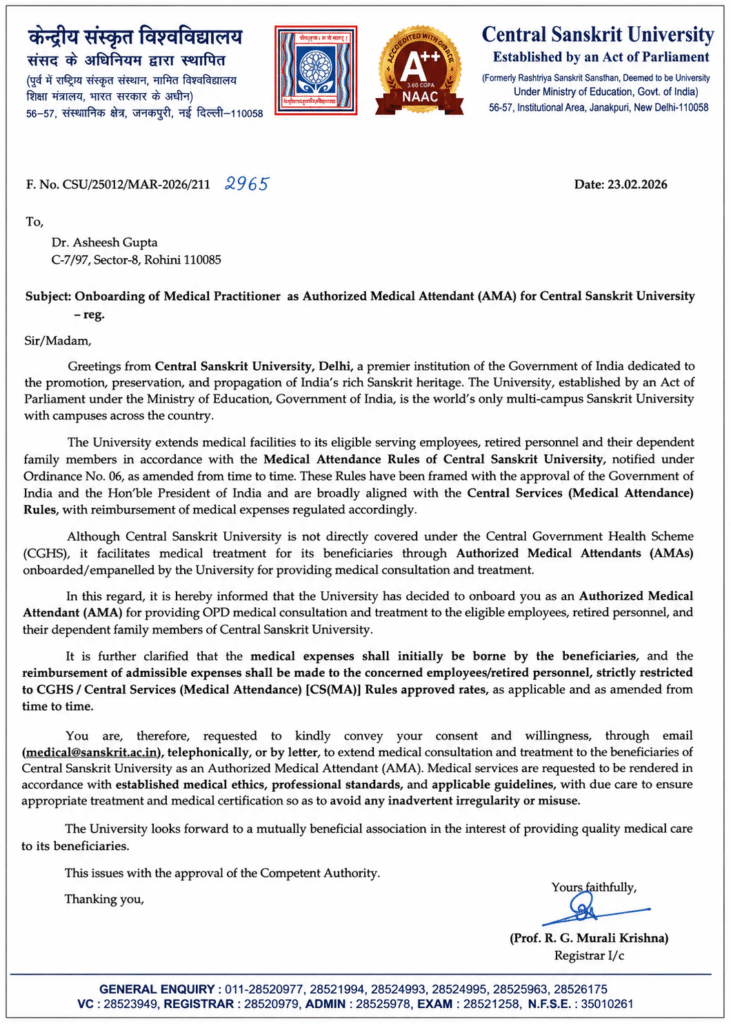 Central Sanskrit University CSU medical empanelment document for Dr. Gupta’s Dental and Braces Clinic serving patients in Rohini Delhi