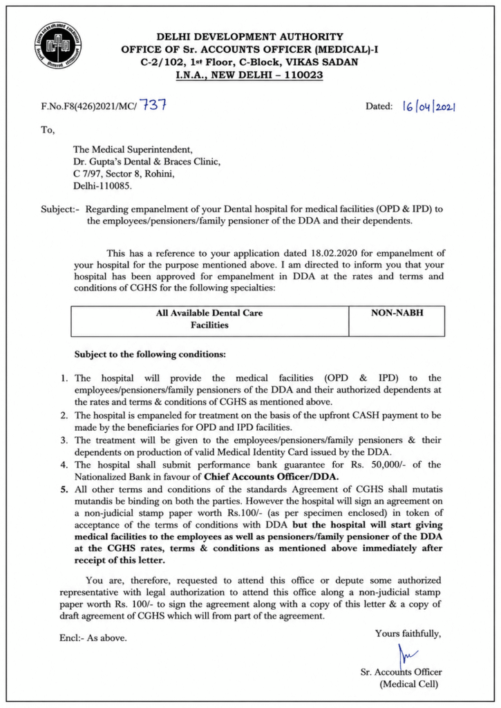 Delhi Development Authority DDA dental empanelment document for Dr. Gupta’s Dental and Braces Clinic serving patients in Rohini Delhi