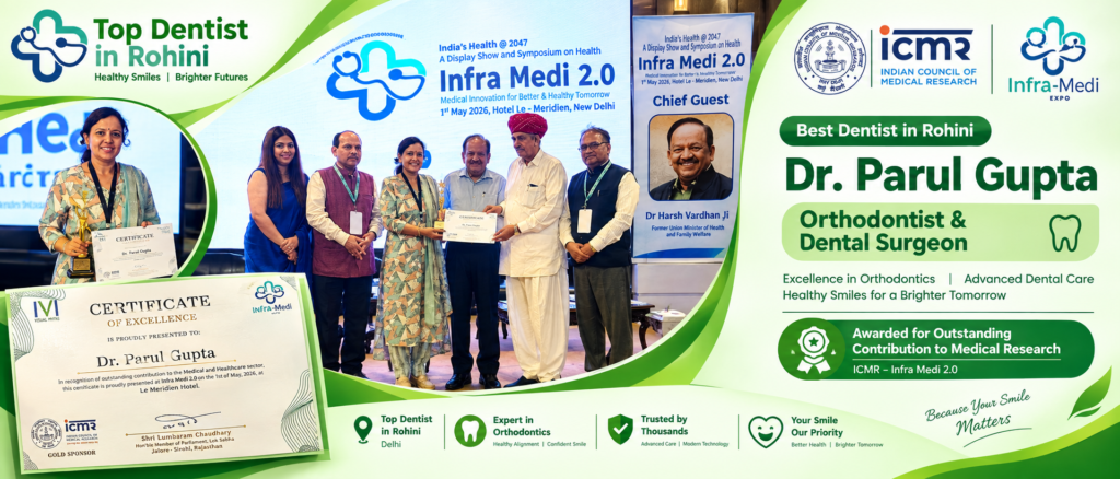 Best Dentist in Rohini - Dr. Parul Gupta Orthodontist at Dr. Gupta's Dental & Braces Clinic receiving award at Infra Medi 2.0 with ICMR
